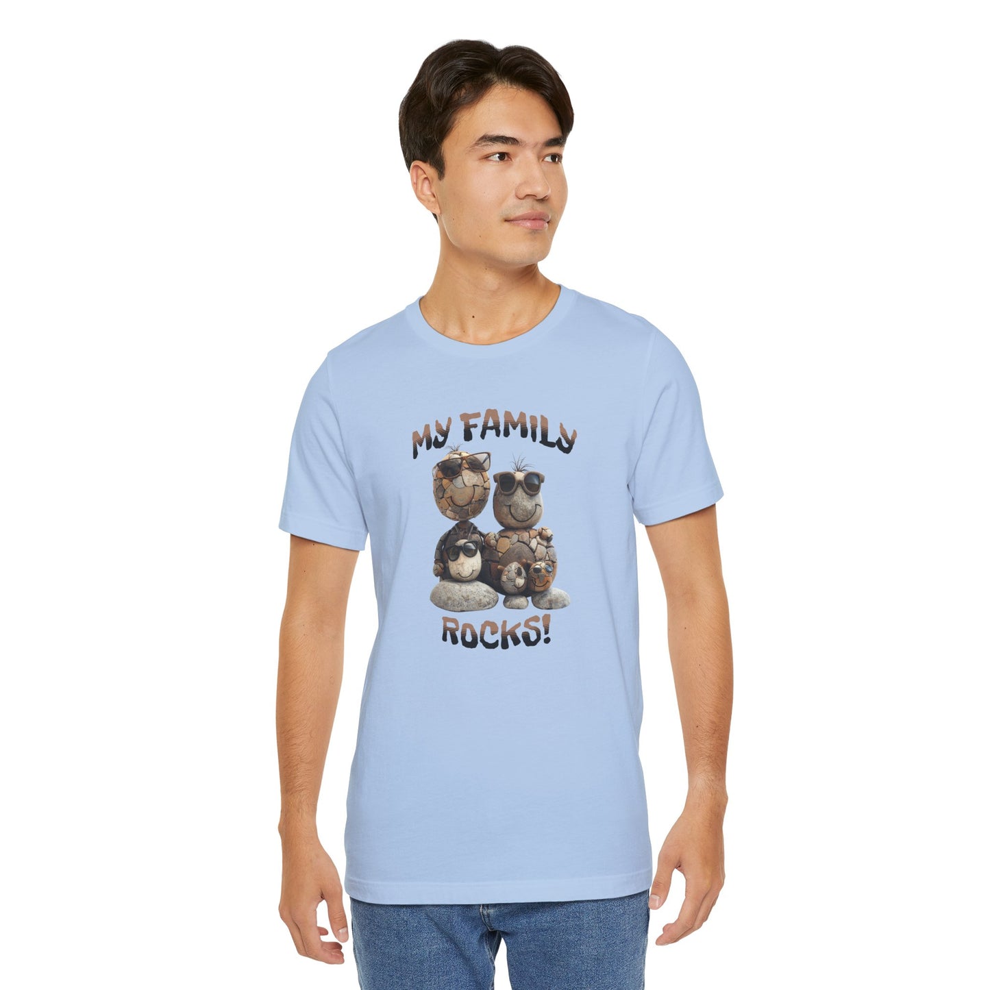 My Family Rocks! Cartoon Family T-Shirt, Short Sleeve, White or Baby Blue, Retail Fit, Cotton Blend