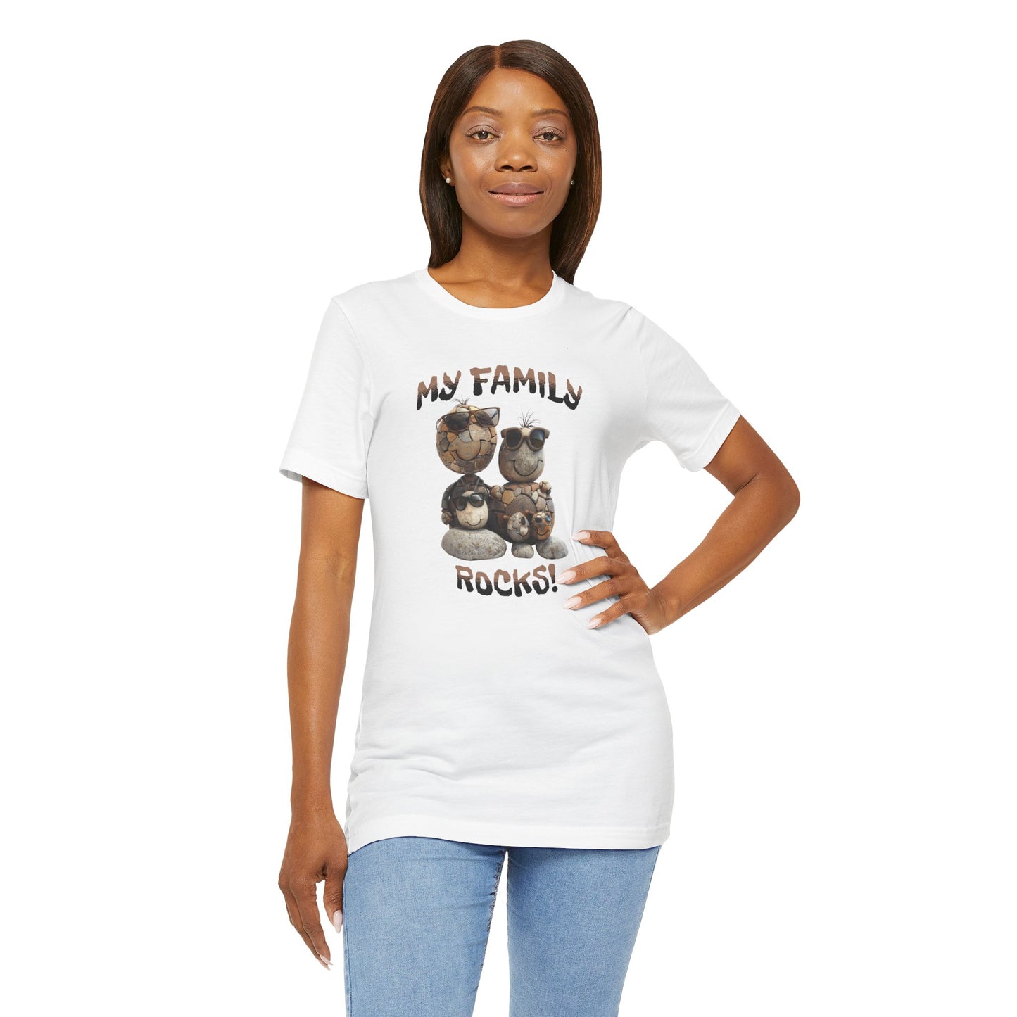 My Family Rocks! Cartoon Family T-Shirt, Short Sleeve, White or Baby Blue, Retail Fit, Cotton Blend