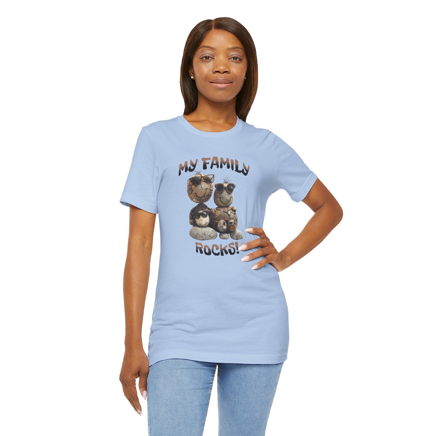 My Family Rocks! Cartoon Family T-Shirt, Short Sleeve, White or Baby Blue, Retail Fit, Cotton Blend