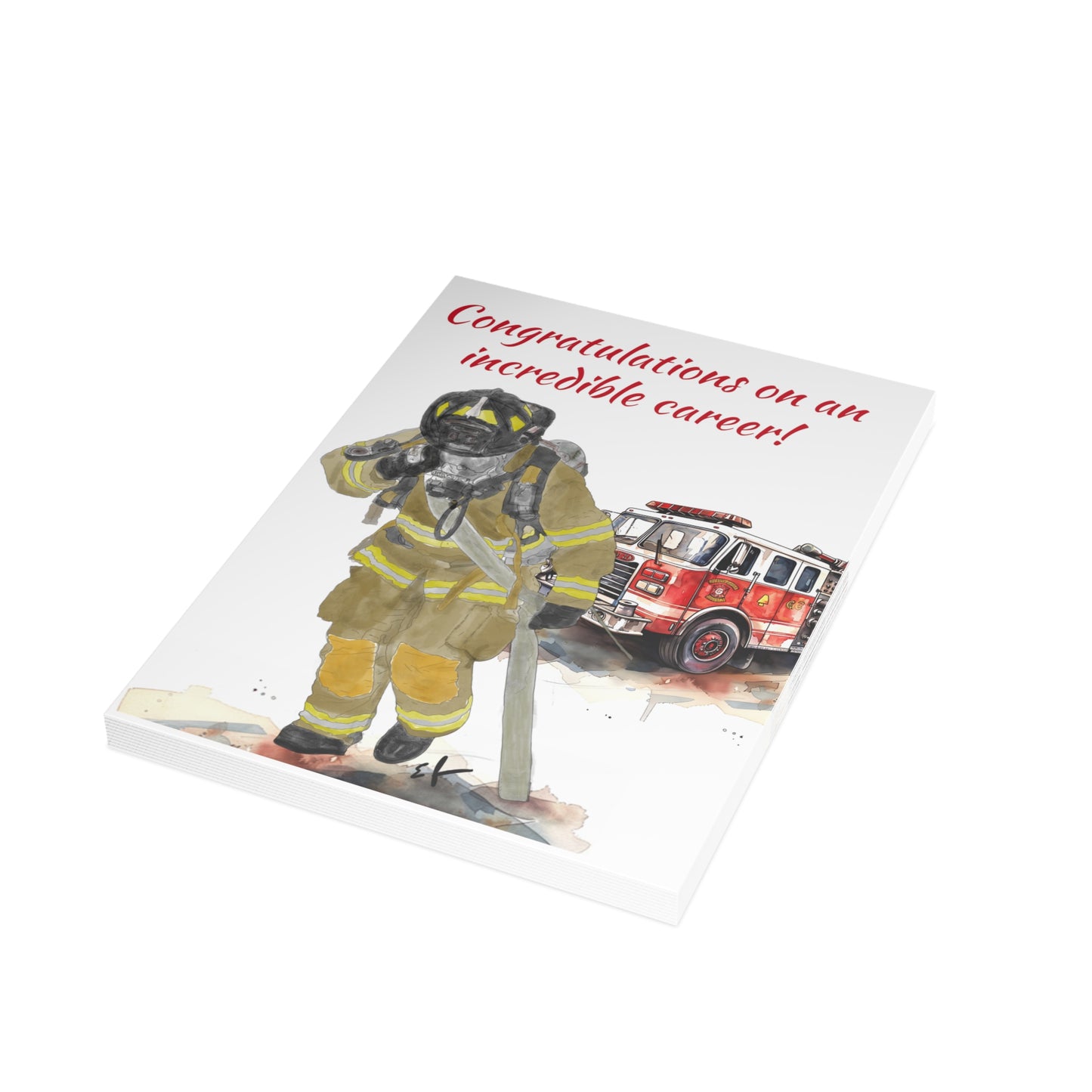 Firefighter Retirement Congratulations Greeting Card (1ea. or 10 pack), 5x7 inches, 270gsm Paper, Watercolor Fire Station Design, Envelope Included