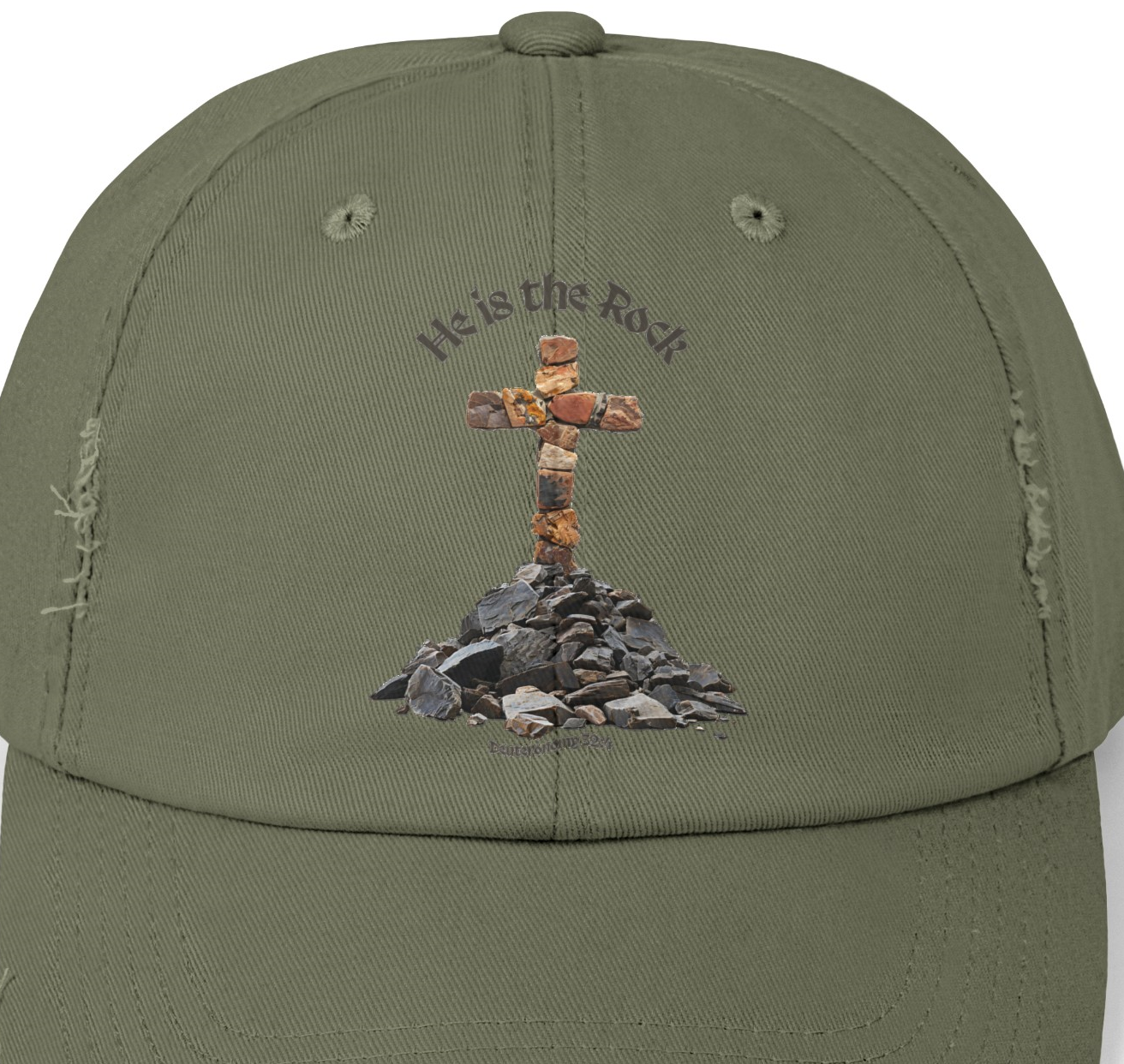 Distressed Cotton Cap with Crucifix Image and Bible Verse, 'He is the Rock' Deuteronomy 32:4, Low Profile Twill Hat, 3 Color Options