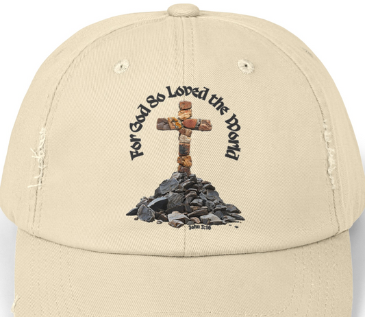 Cotton Twill Distressed Baseball Cap, Crucifix on Hill, 'For God So Loved the World' John 3:16, 7 Colors