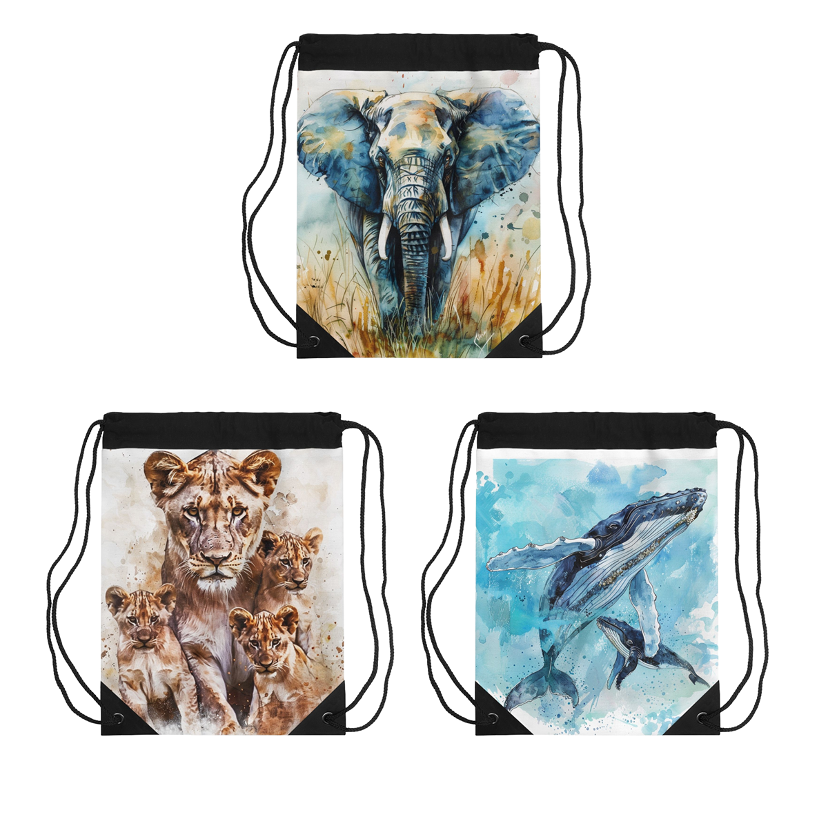 Watercolor Animal Drawstring Backpacks, Elephant, Lioness with Cubs, Whale with Calf Designs, 100% Polyester, Lined, Zipper Pocket