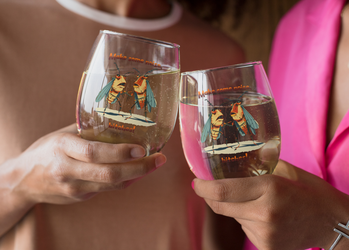 Stemless Wine Glasses, 11.75 oz, Retro Cicada Design, 'Make Some Noise, Bitches!' Print, Glass, Funny