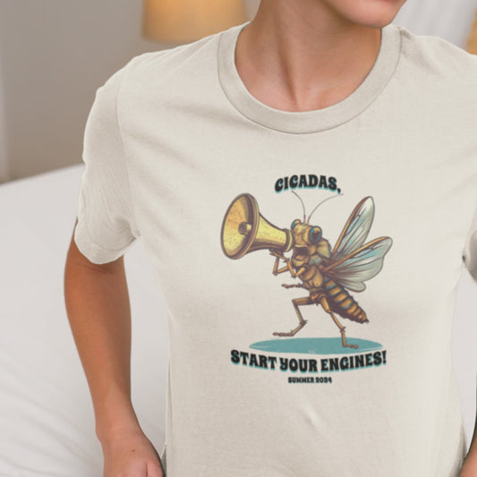 Unisex Cicada Graphic Jersey Tee, Short Sleeve, 'Cicadas, Start Your Engines' Summer 2024 100% Cotton (White) or 52% Cotton/48% Polyester (Natural, Baby Blue)