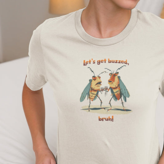 Retro Cartoon Cicadas Design, 'Let's get buzzed, bruh!' Bella+Canvas Unisex Jersey Short Sleeve Tee