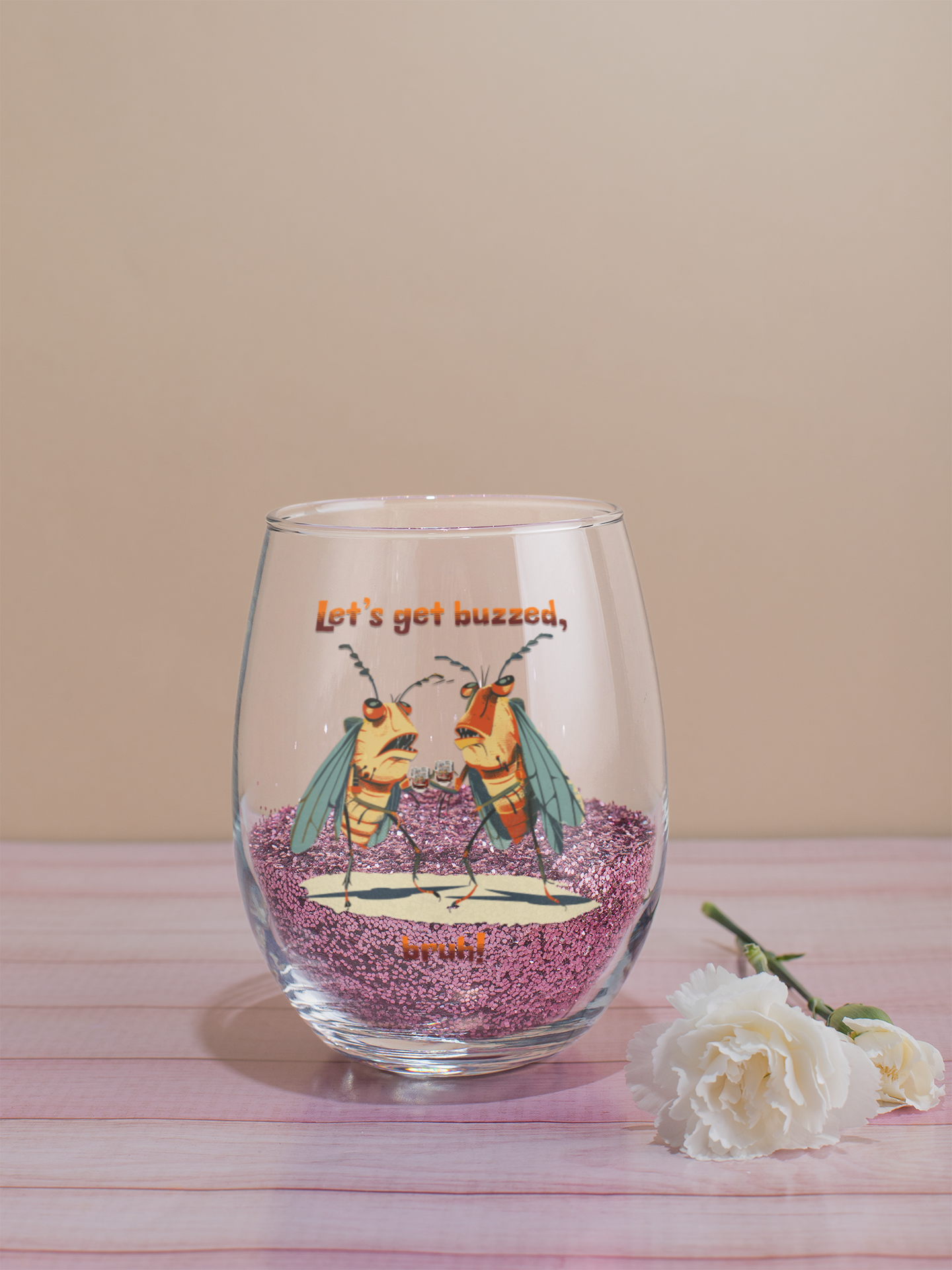 Let's Get Buzzed Whiskey Glass, 6oz (0.17L), Cartoon Cicadas, Glossy Print, Bourbon Glasses