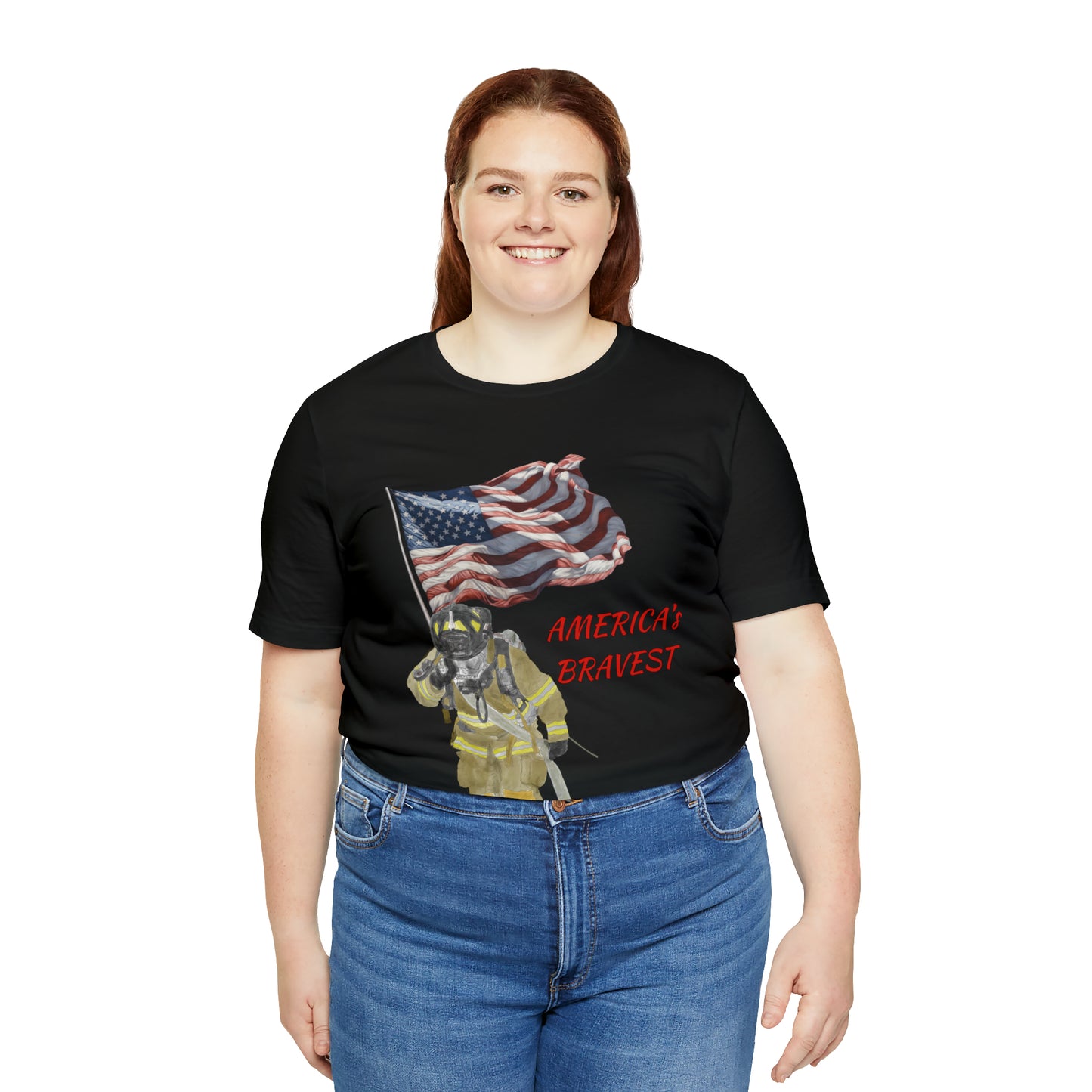 Firechick Designs "America's Bravest" Unisex Jersey Short Sleeve Tee | Firefighter USA American Fireman Thin Red Line Fire Dept 4th of July