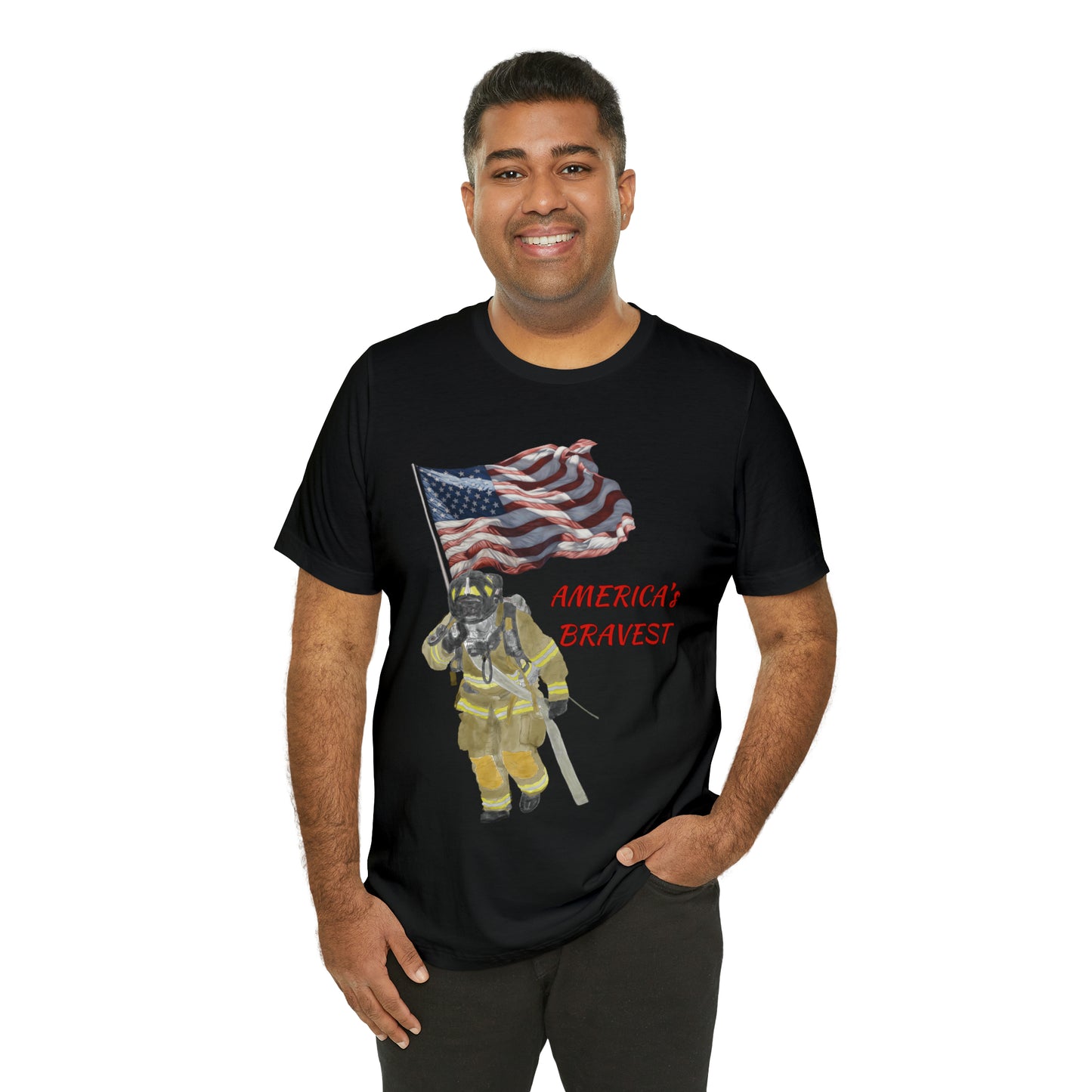 Firechick Designs "America's Bravest" Unisex Jersey Short Sleeve Tee | Firefighter USA American Fireman Thin Red Line Fire Dept 4th of July