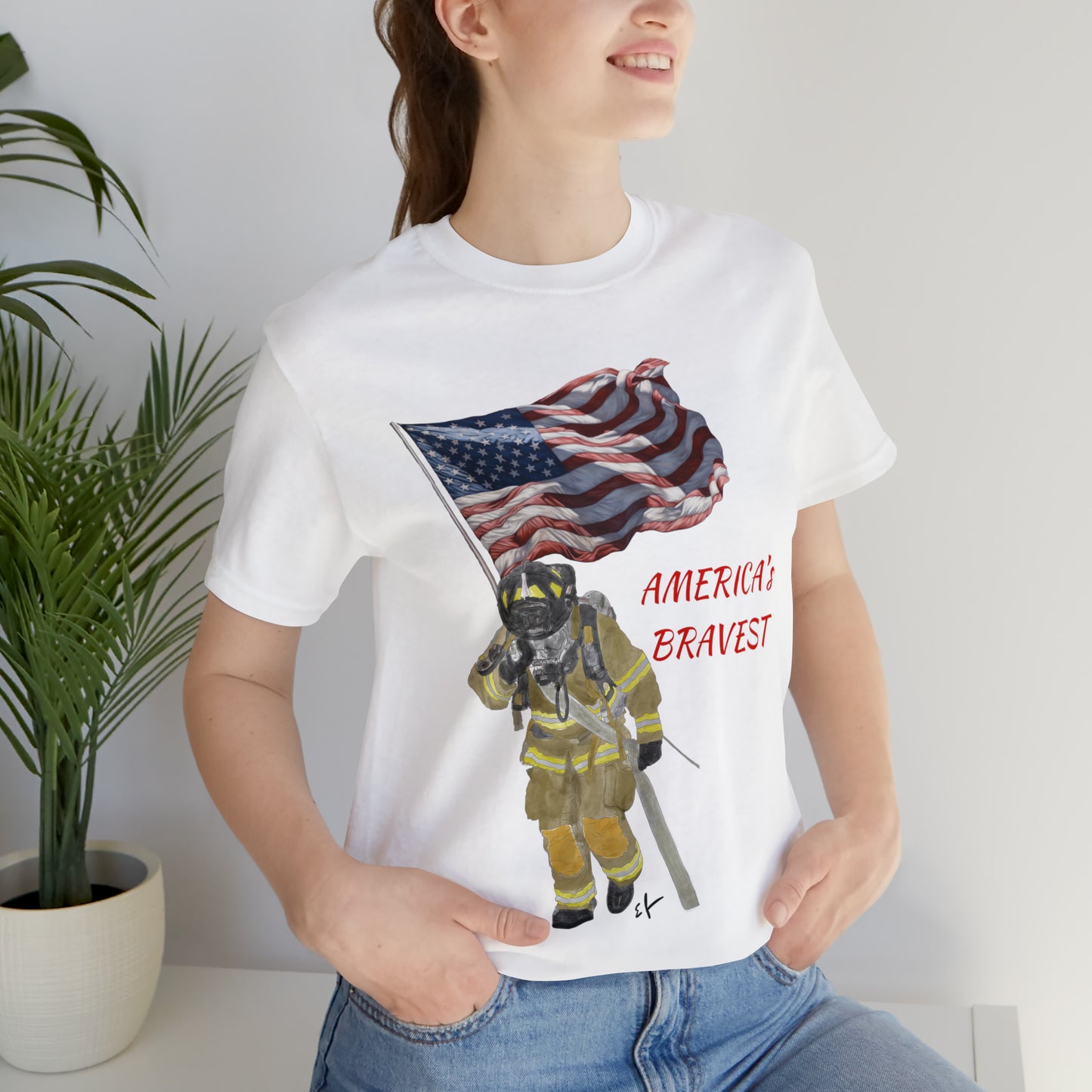 Firechick Designs "America's Bravest" Unisex Jersey Short Sleeve Tee | Firefighter USA American Fireman Thin Red Line Fire Dept 4th of July