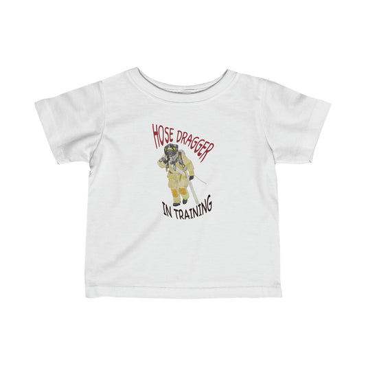 Firechick Designs Firefighter "Hose Dragger In Training" Infant Fine Jersey Tee | Fireman Toddler Tshirt Baby Child Top Fire Dept Volunteer