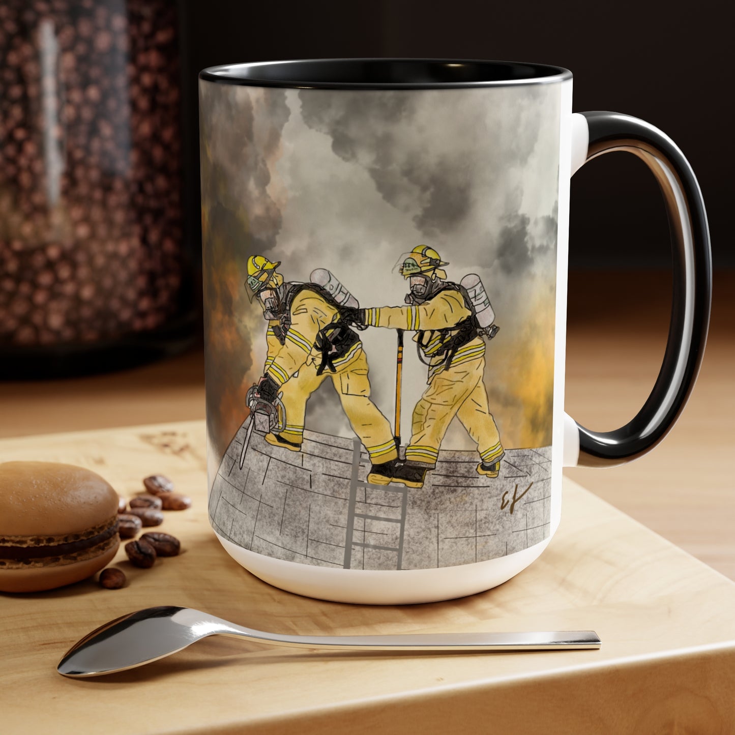 Firechick Designs Firefighter "A Day at the Office" Two-Tone Coffee Mugs, 15oz Firefighters Gifts Gift Mug Cup