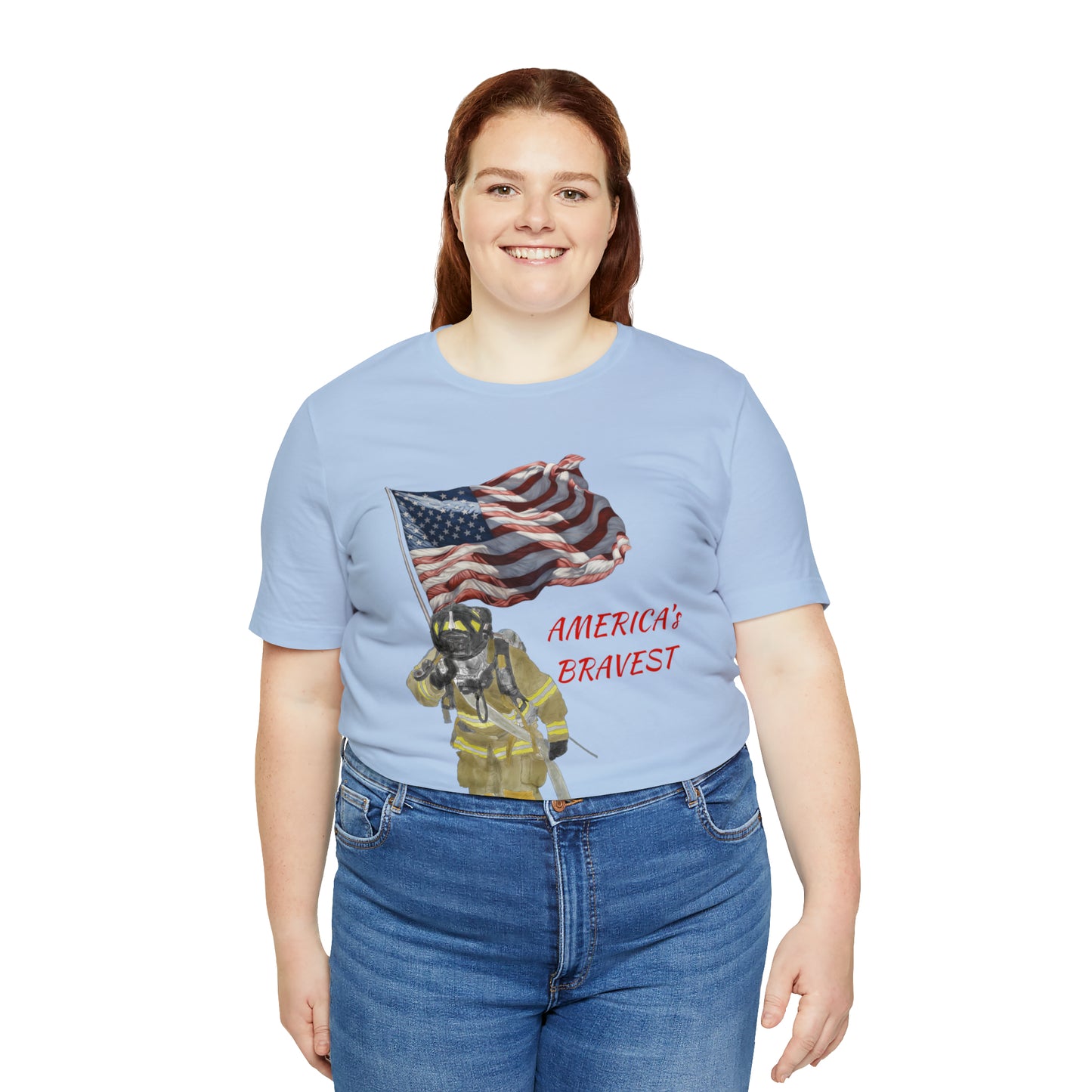 Firechick Designs "America's Bravest" Unisex Jersey Short Sleeve Tee | Firefighter USA American Fireman Thin Red Line Fire Dept 4th of July