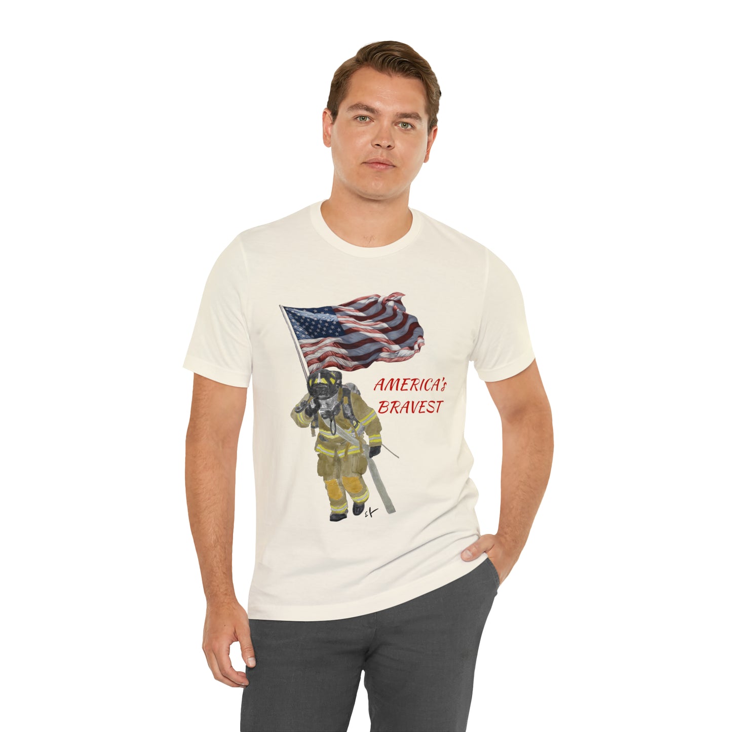 Firechick Designs "America's Bravest" Unisex Jersey Short Sleeve Tee | Firefighter USA American Fireman Thin Red Line Fire Dept 4th of July