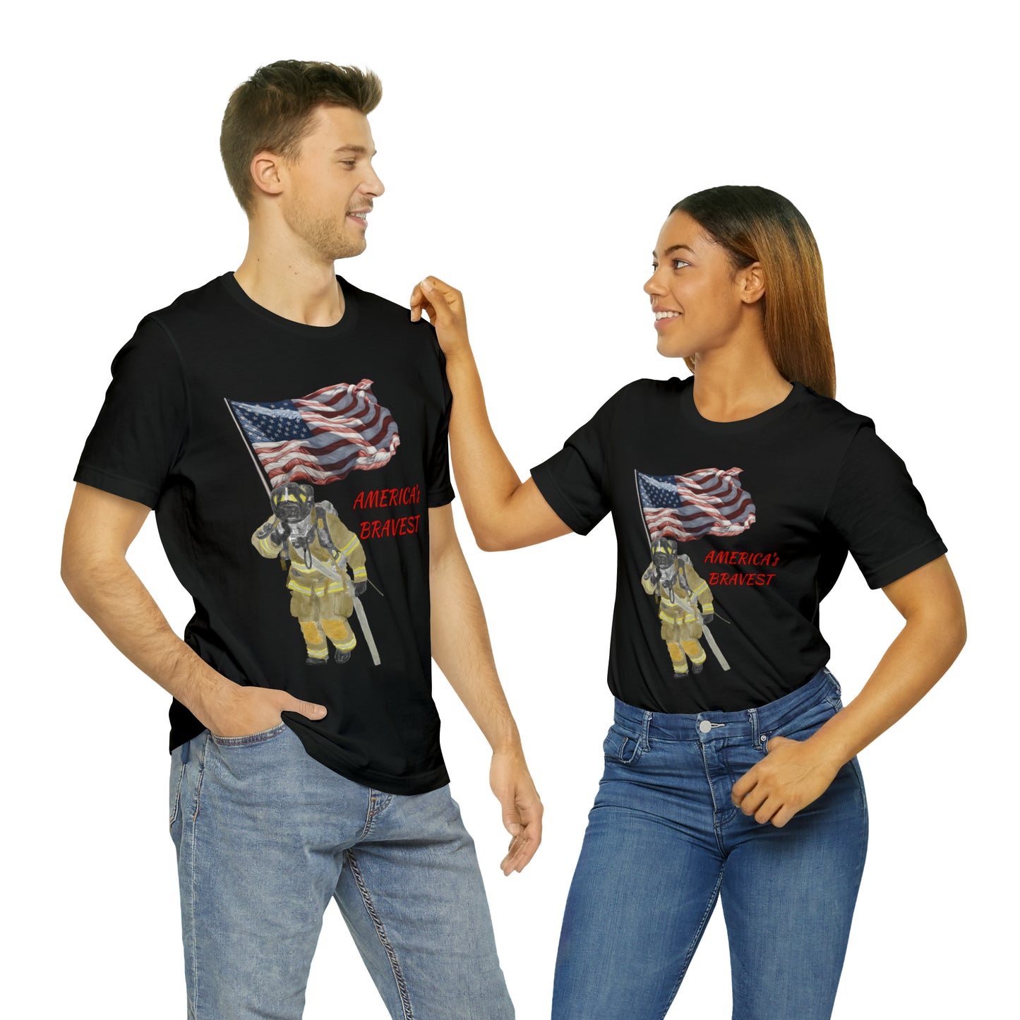 Firechick Designs "America's Bravest" Unisex Jersey Short Sleeve Tee | Firefighter USA American Fireman Thin Red Line Fire Dept 4th of July