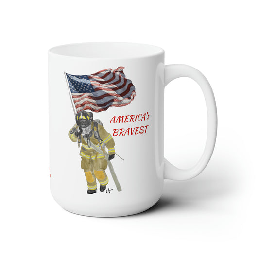 America's Bravest Ceramic Mug 15oz | American Firefighter 4th of July Patriotic Flag Waving Old Glory Fireman Fire Fighter Coffee Cup