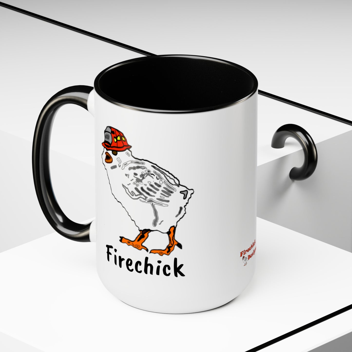 Firechick Designs "Firechick" Two-Tone Coffee Mugs, 15oz Lady Firefighters Mug Wife Firefighter Mom Coffee Cup