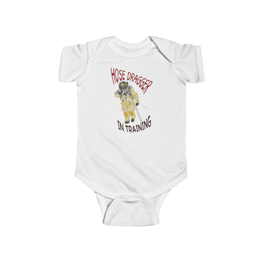 Firechick Designs Firefighter "Hose Dragger In Training" Infant Fine Jersey Bodysuit Onesie Fireman Firewoman Fire Dept Station Silly Funny