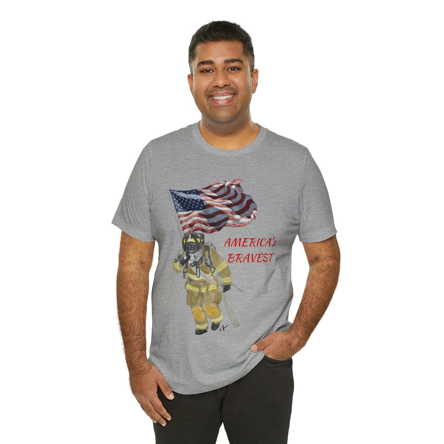 Firechick Designs "America's Bravest" Unisex Jersey Short Sleeve Tee | Firefighter USA American Fireman Thin Red Line Fire Dept 4th of July