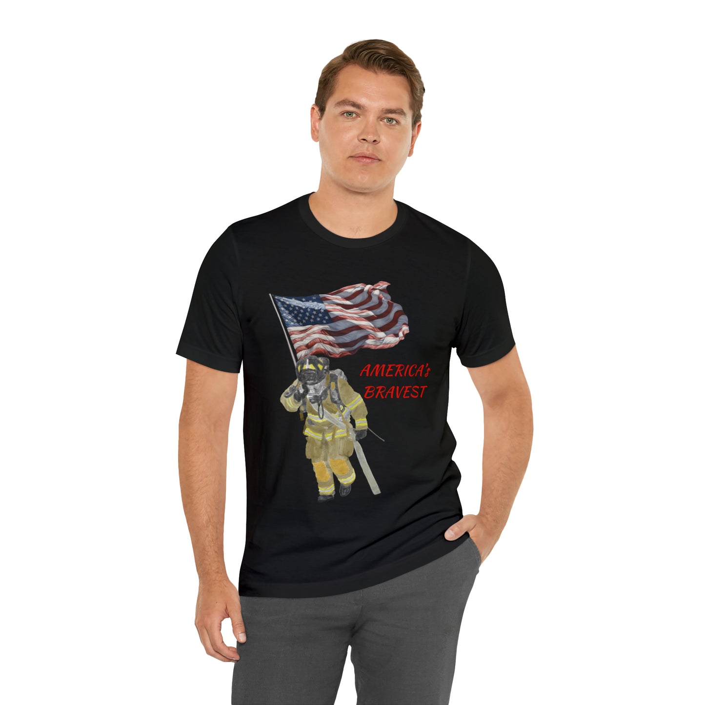 Firechick Designs "America's Bravest" Unisex Jersey Short Sleeve Tee | Firefighter USA American Fireman Thin Red Line Fire Dept 4th of July