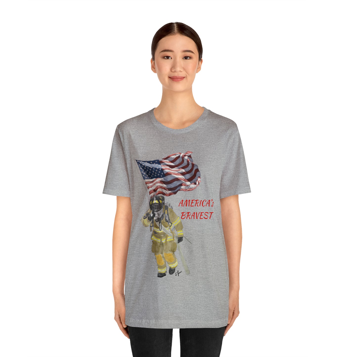 Firechick Designs "America's Bravest" Unisex Jersey Short Sleeve Tee | Firefighter USA American Fireman Thin Red Line Fire Dept 4th of July