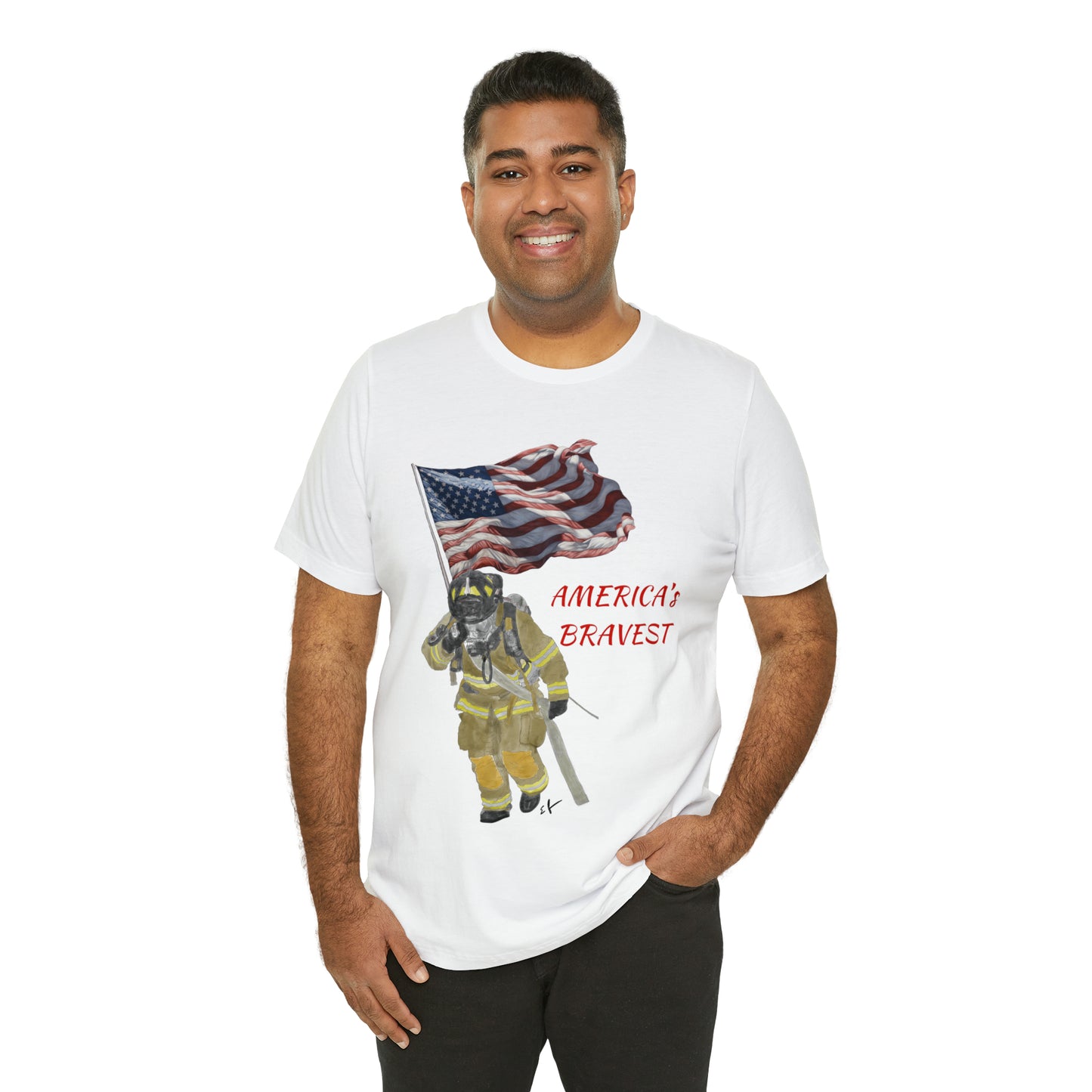 Firechick Designs "America's Bravest" Unisex Jersey Short Sleeve Tee | Firefighter USA American Fireman Thin Red Line Fire Dept 4th of July