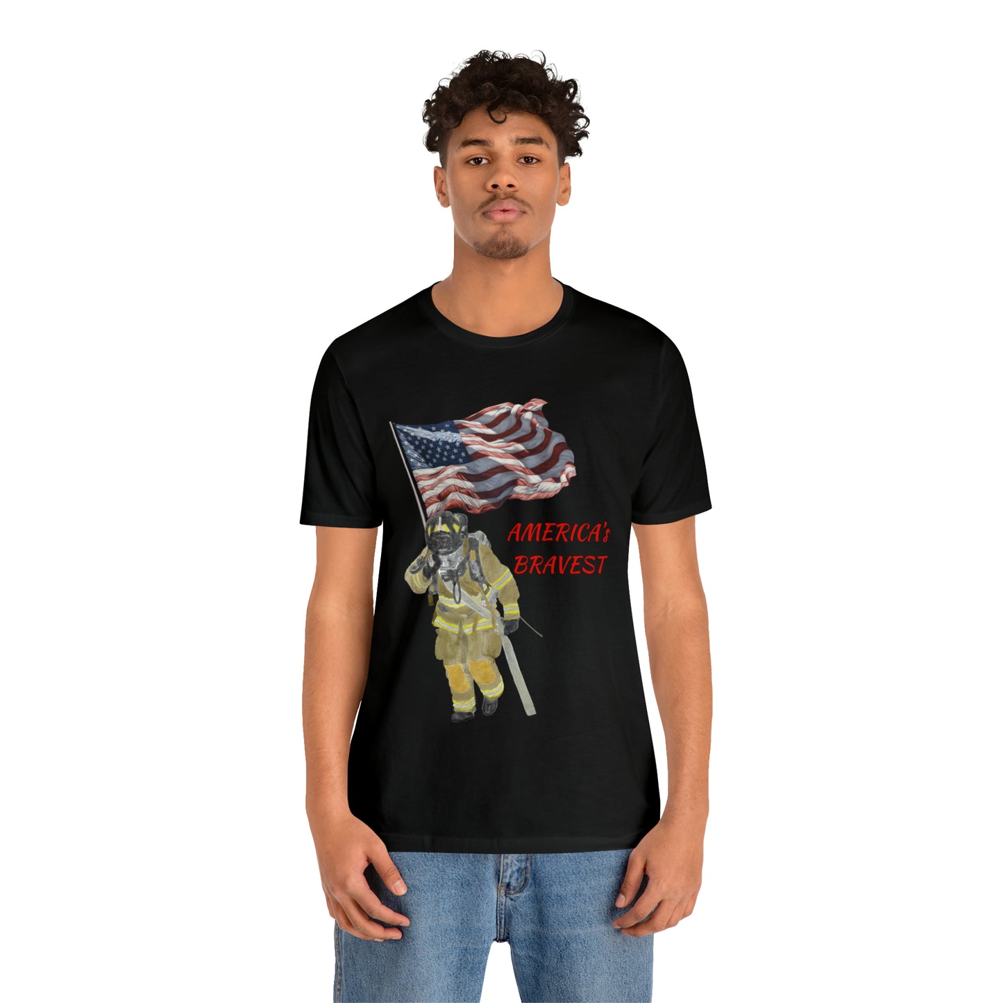 Firechick Designs "America's Bravest" Unisex Jersey Short Sleeve Tee | Firefighter USA American Fireman Thin Red Line Fire Dept 4th of July