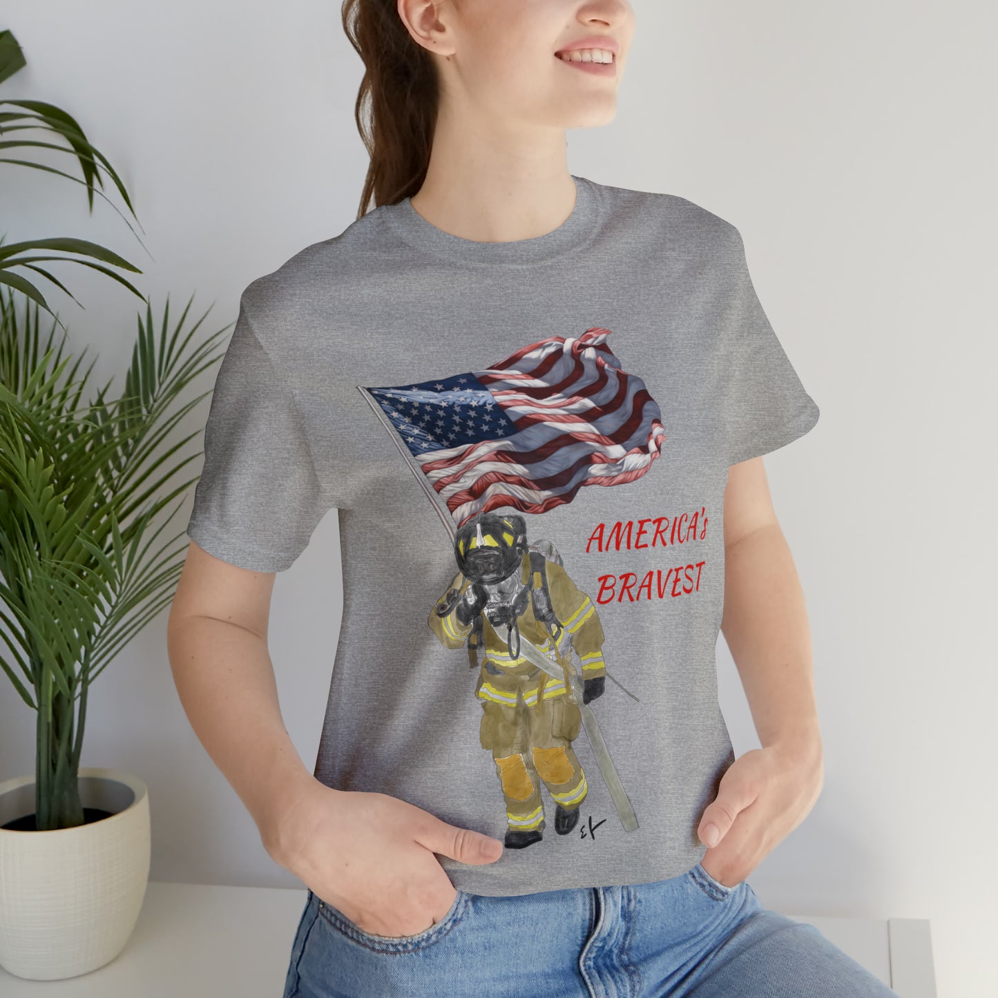 Firechick Designs "America's Bravest" Unisex Jersey Short Sleeve Tee | Firefighter USA American Fireman Thin Red Line Fire Dept 4th of July