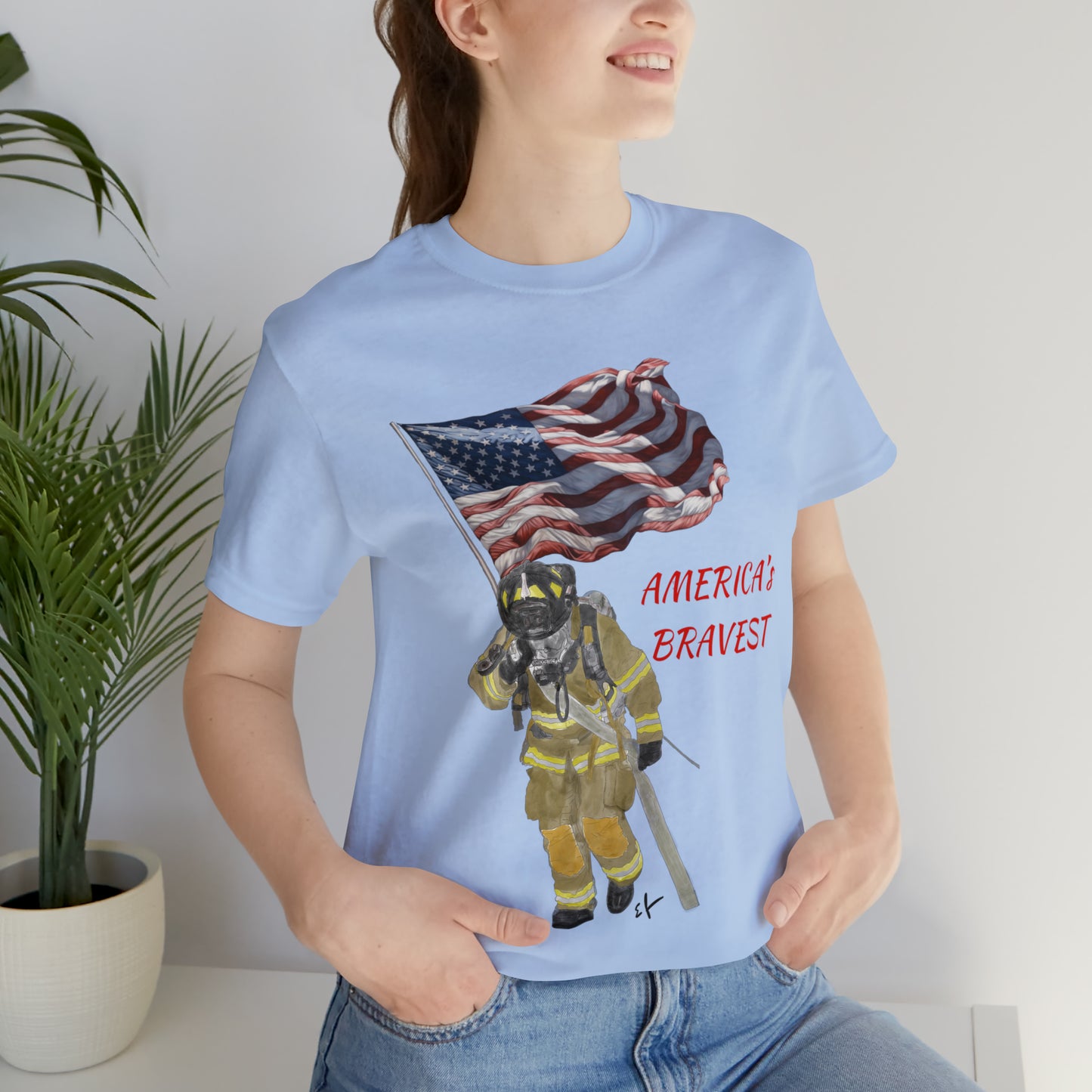 Firechick Designs "America's Bravest" Unisex Jersey Short Sleeve Tee | Firefighter USA American Fireman Thin Red Line Fire Dept 4th of July