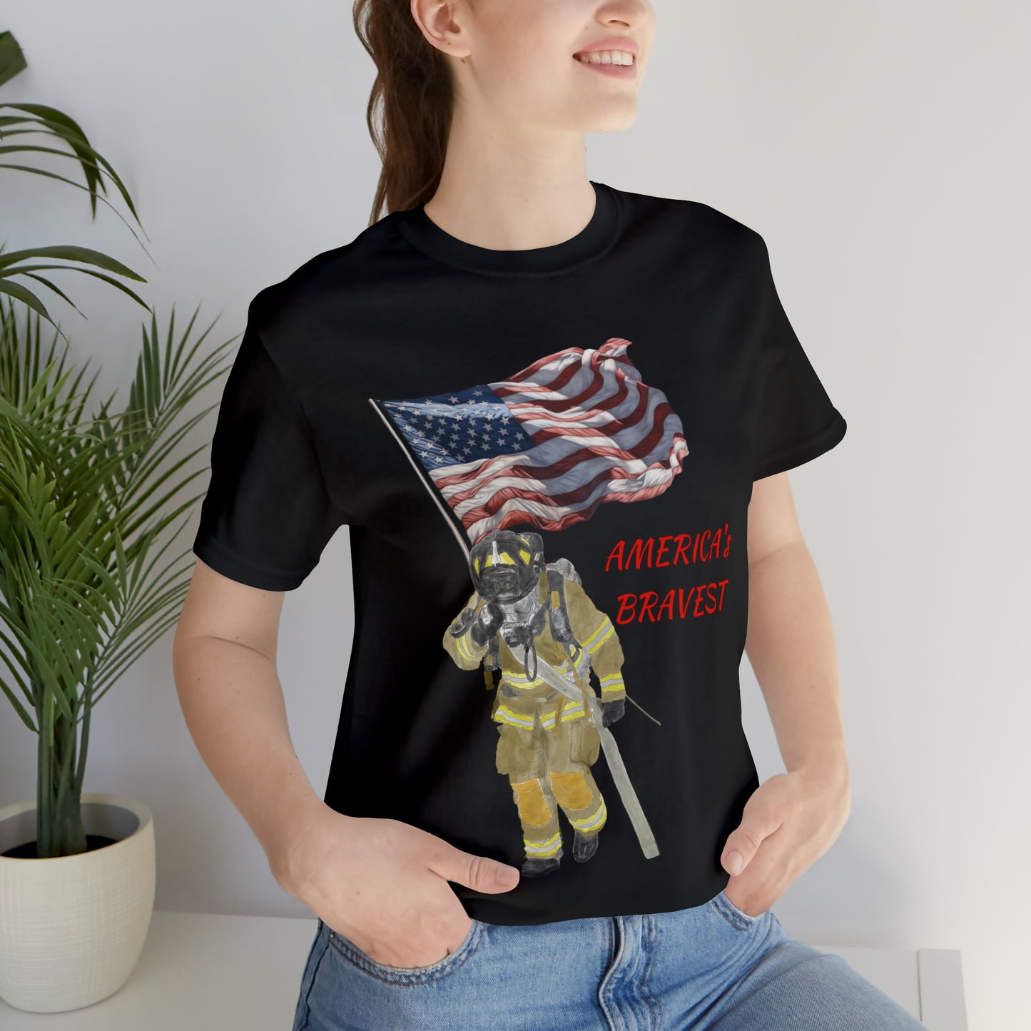 Firechick Designs "America's Bravest" Unisex Jersey Short Sleeve Tee | Firefighter USA American Fireman Thin Red Line Fire Dept 4th of July