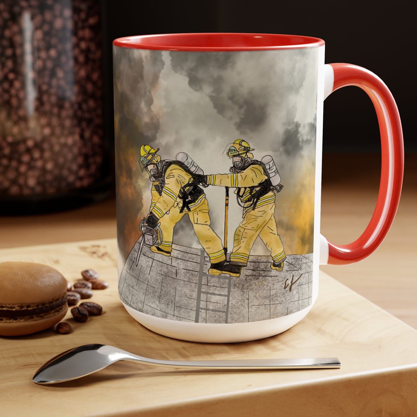 Firechick Designs Firefighter "A Day at the Office" Two-Tone Coffee Mugs, 15oz Firefighters Gifts Gift Mug Cup