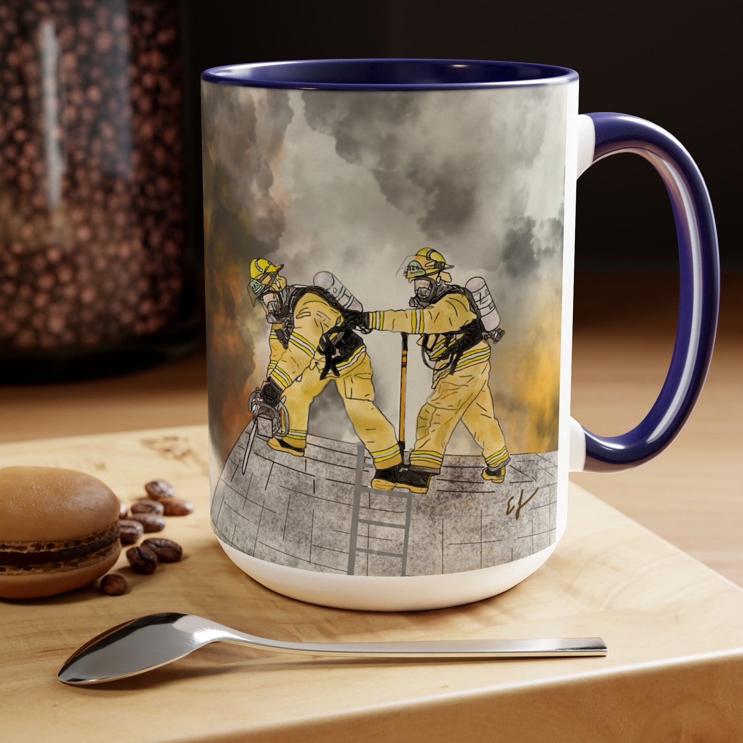 Firechick Designs Firefighter "A Day at the Office" Two-Tone Coffee Mugs, 15oz Firefighters Gifts Gift Mug Cup