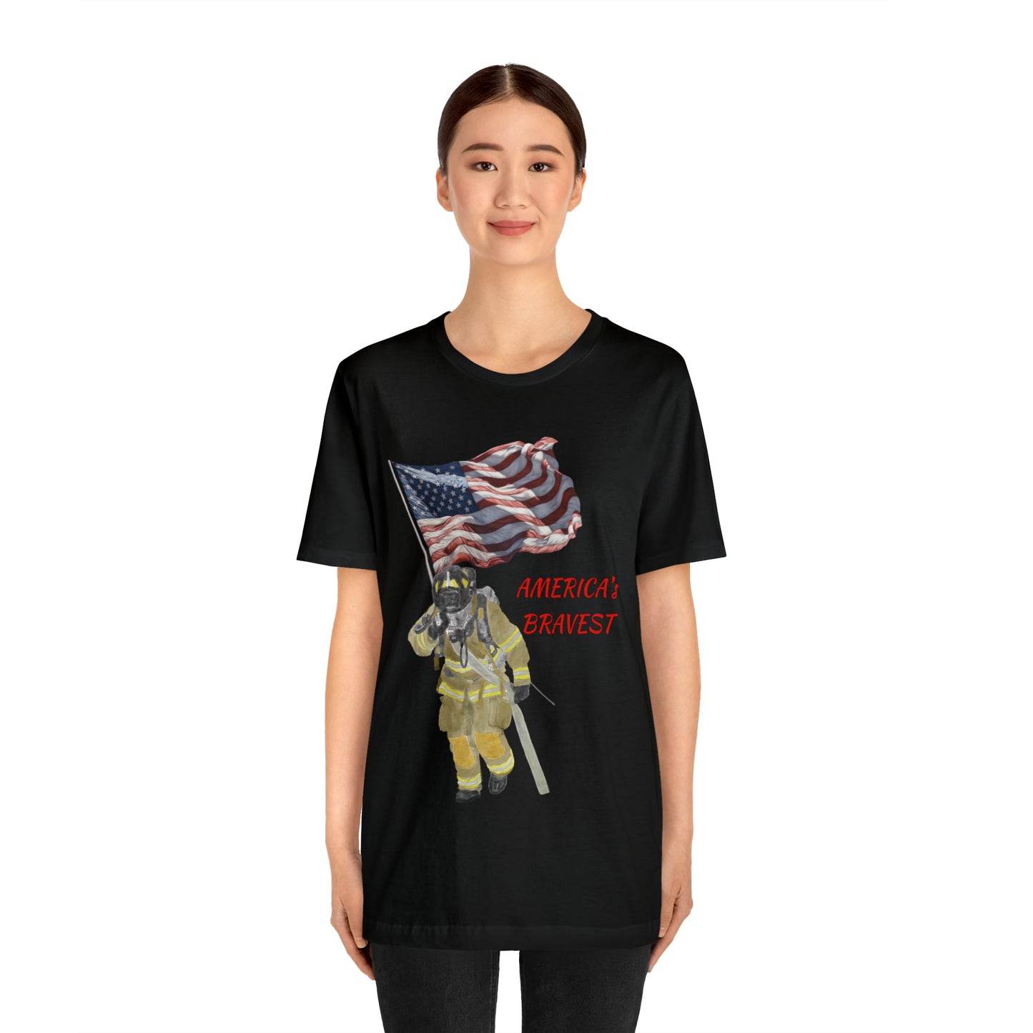 Firechick Designs "America's Bravest" Unisex Jersey Short Sleeve Tee | Firefighter USA American Fireman Thin Red Line Fire Dept 4th of July