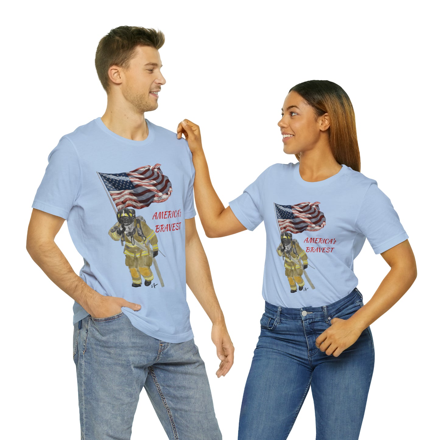 Firechick Designs "America's Bravest" Unisex Jersey Short Sleeve Tee | Firefighter USA American Fireman Thin Red Line Fire Dept 4th of July