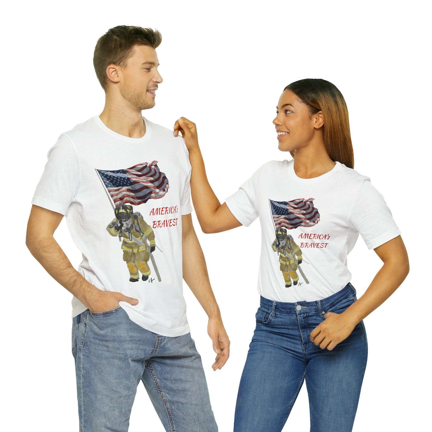 Firechick Designs "America's Bravest" Unisex Jersey Short Sleeve Tee | Firefighter USA American Fireman Thin Red Line Fire Dept 4th of July