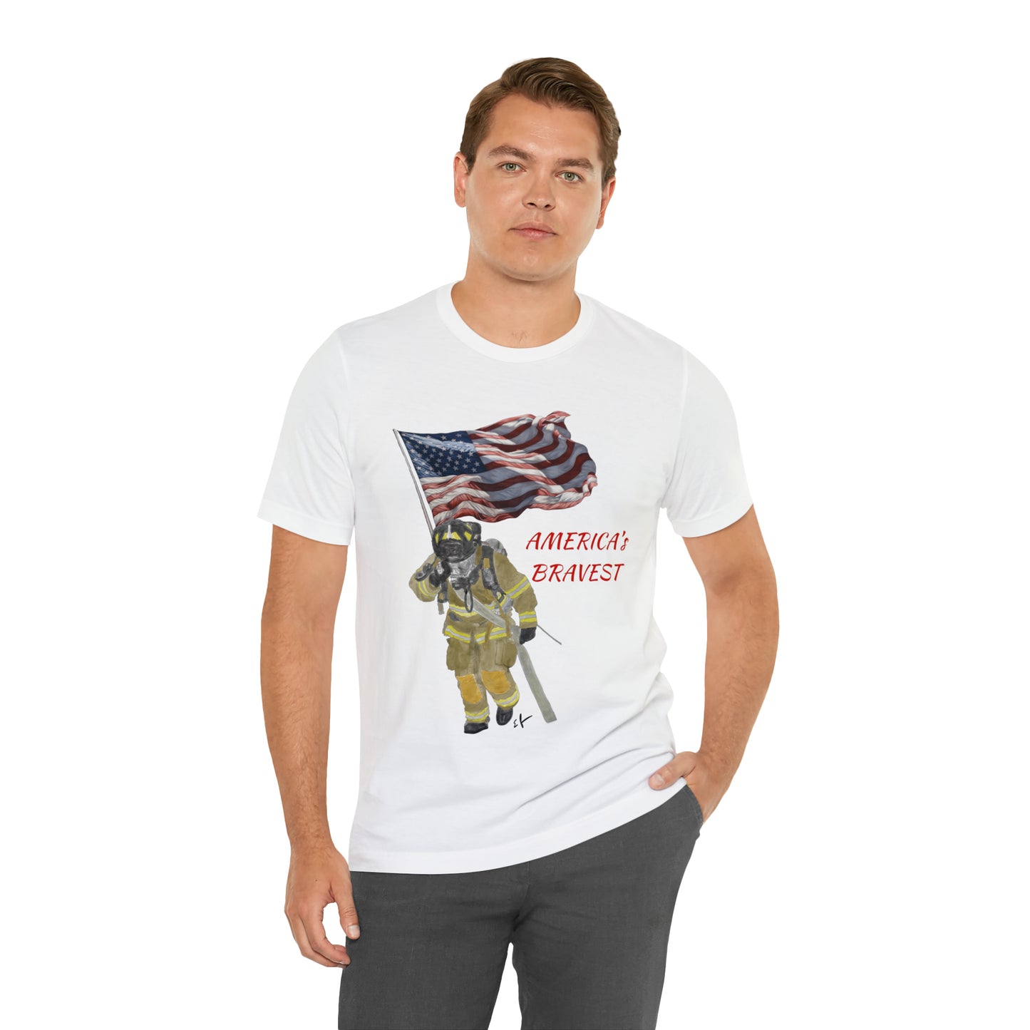 Firechick Designs "America's Bravest" Unisex Jersey Short Sleeve Tee | Firefighter USA American Fireman Thin Red Line Fire Dept 4th of July