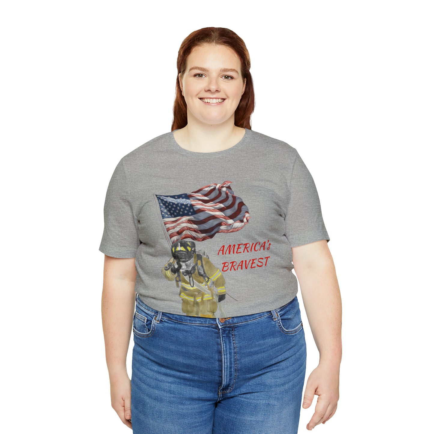 Firechick Designs "America's Bravest" Unisex Jersey Short Sleeve Tee | Firefighter USA American Fireman Thin Red Line Fire Dept 4th of July