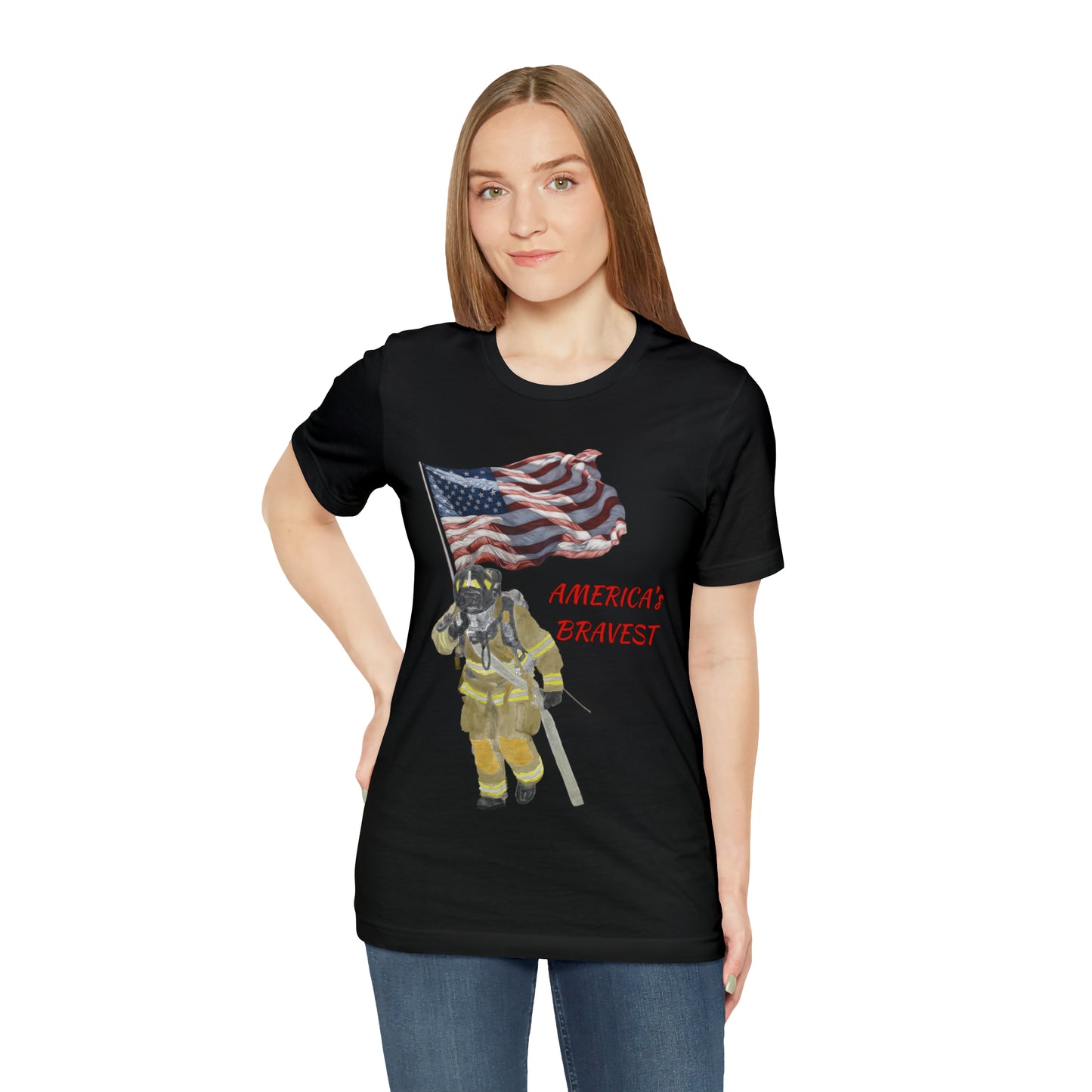 Firechick Designs "America's Bravest" Unisex Jersey Short Sleeve Tee | Firefighter USA American Fireman Thin Red Line Fire Dept 4th of July