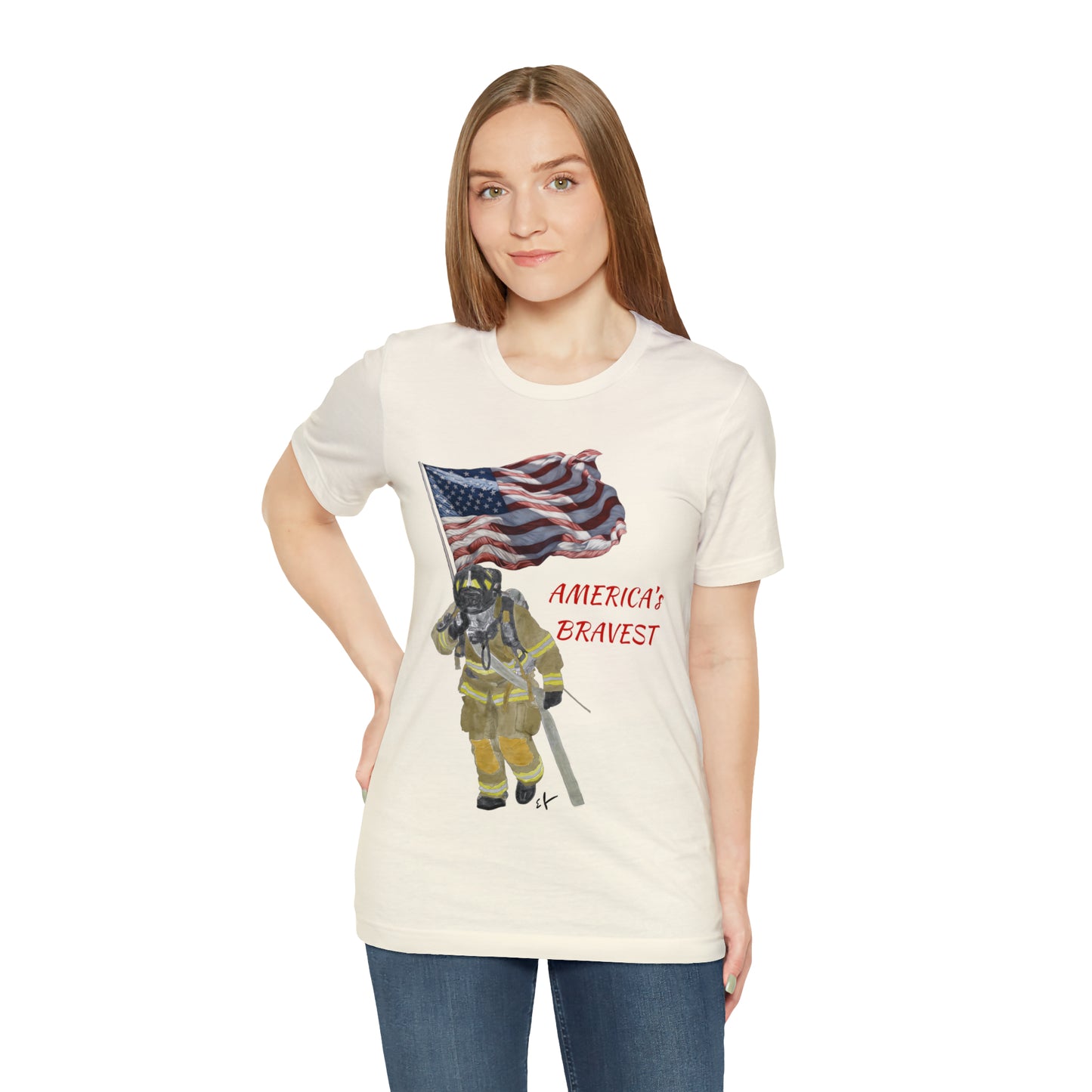 Firechick Designs "America's Bravest" Unisex Jersey Short Sleeve Tee | Firefighter USA American Fireman Thin Red Line Fire Dept 4th of July