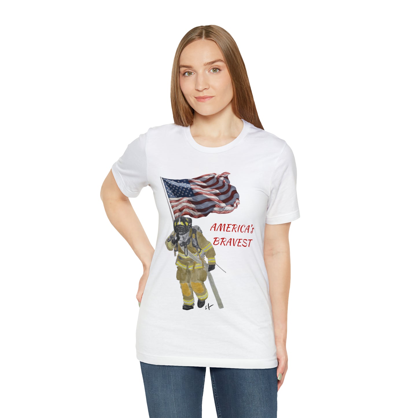 Firechick Designs "America's Bravest" Unisex Jersey Short Sleeve Tee | Firefighter USA American Fireman Thin Red Line Fire Dept 4th of July