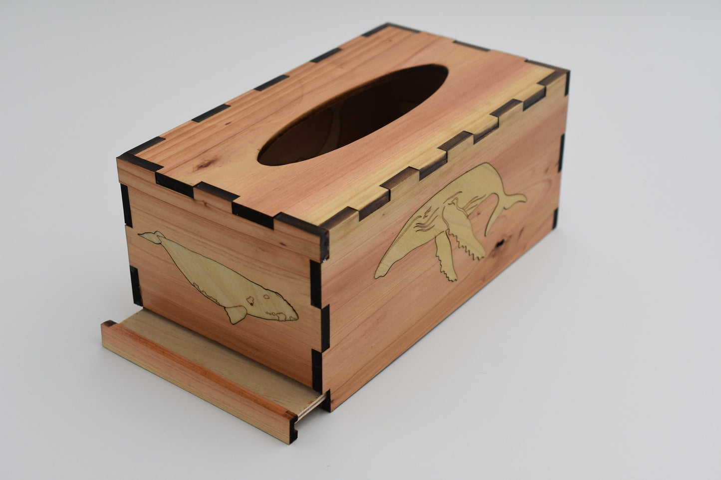 Tissue Box Cover Holder Rectangular, Wood Tissue Box Cover, Tissue Cover with Slide Out Bottom, Tissue Box Hider, Cedar with Poplar Whales